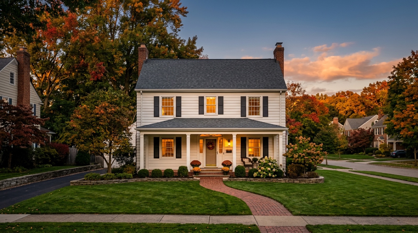 A warm, well-kept colonial home on a tree-lined Greater Cleveland street at golden hour